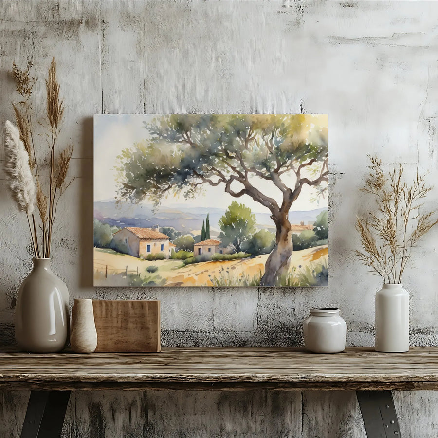 Tuscan Landscape Canvas Wall Art | Watercolor Olive Tree Painting | Premium Gallery Wrapped Canvas | Rustic Farmhouse Home Decor Gift