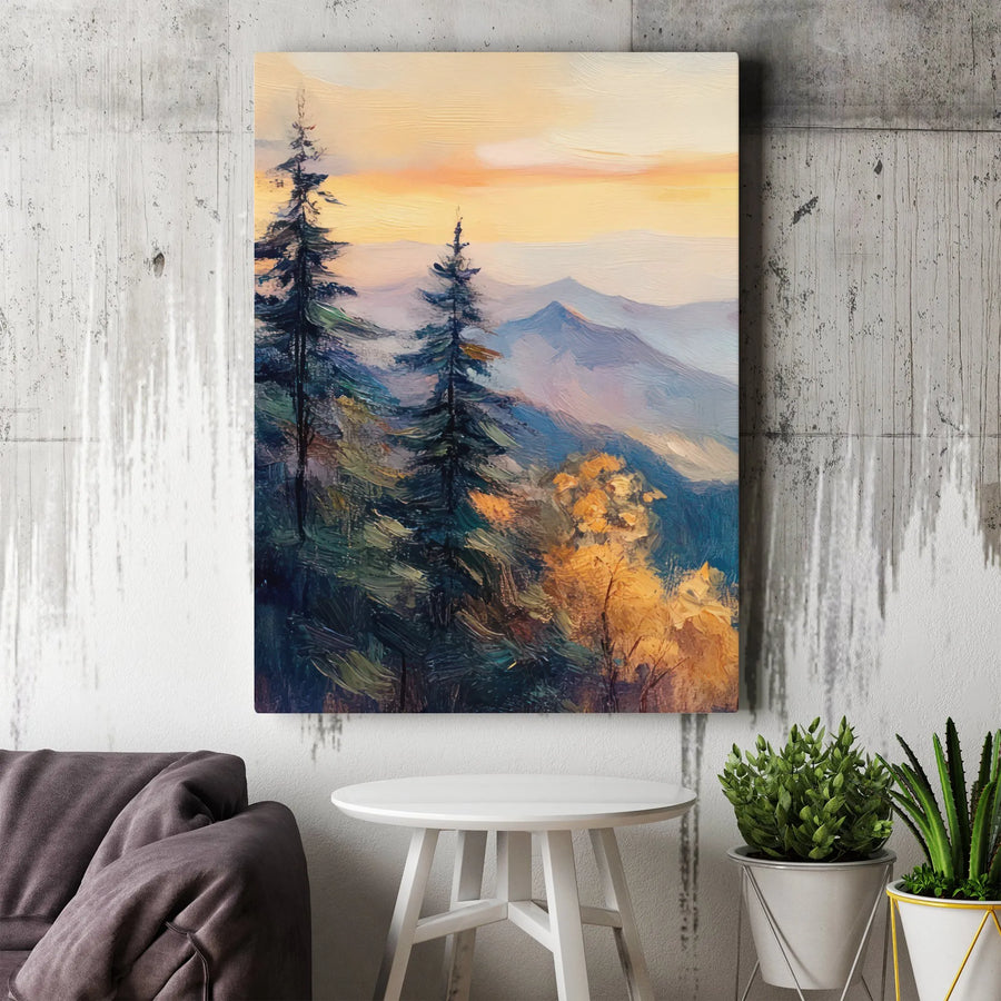 Mountain Landscape Canvas Print | Textured Oil Painting Style Art | Premium Gallery Quality Canvas | Rustic Wall Decor for Living Room Gift