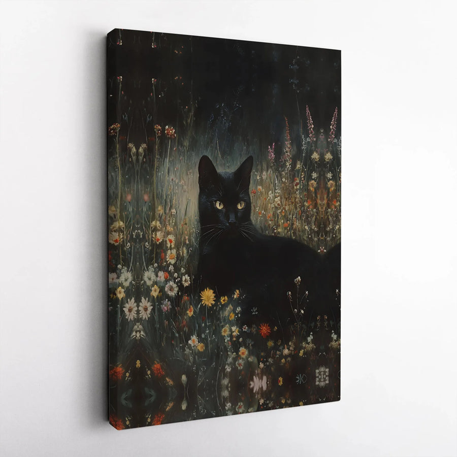 Black Cat Wall Art | Whimsical Wildflower Field Canvas Print | Premium Gallery Wrap Decor | Nature Lover Gift for Home Office