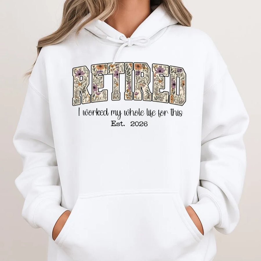 Retired 2026 Hoodie | Vintage Floral Lettering Design | Premium Cotton Tee | Funny Retirement Party Gift for Women, Coworker