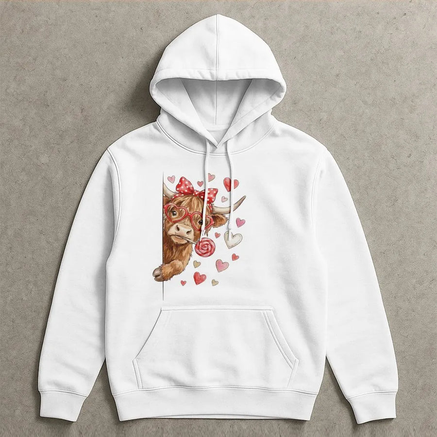 Valentine Highland Cow Hoodie | Cute Coquette Heart Glasses Graphic | Premium Cotton Blend | Romantic Gift for Her & Cow Lovers