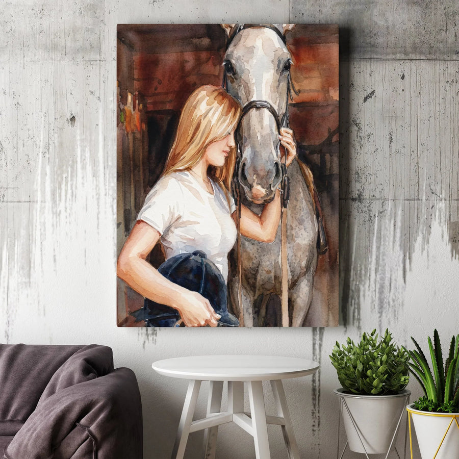 Equestrian Wall Art | Watercolor Painting of Girl and Horse | Premium Gallery Wrap Canvas | Gift for Horse Lover & Rider