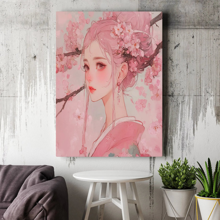 Anime Girl Wall Art | Pink Cherry Blossom Kimono Portrait | 1.25” Gallery Wrap Canvas | Premium Aesthetic Home Decor Gift