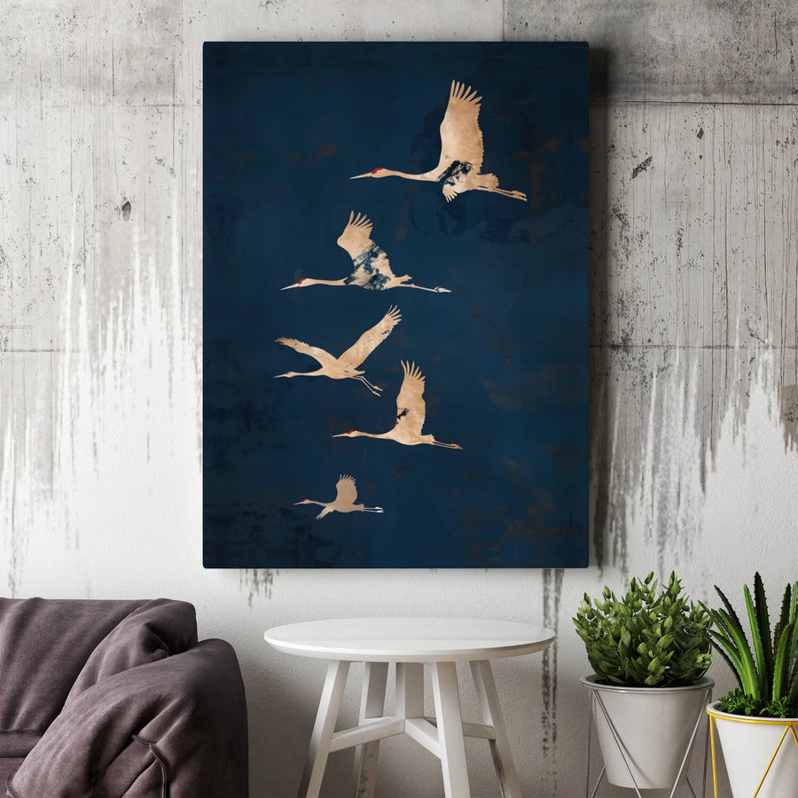 Japanese Crane Wall Art | Minimalist Flying Bird Canvas | Premium Gallery Wrap Print | Zen Home Office Decor Gift