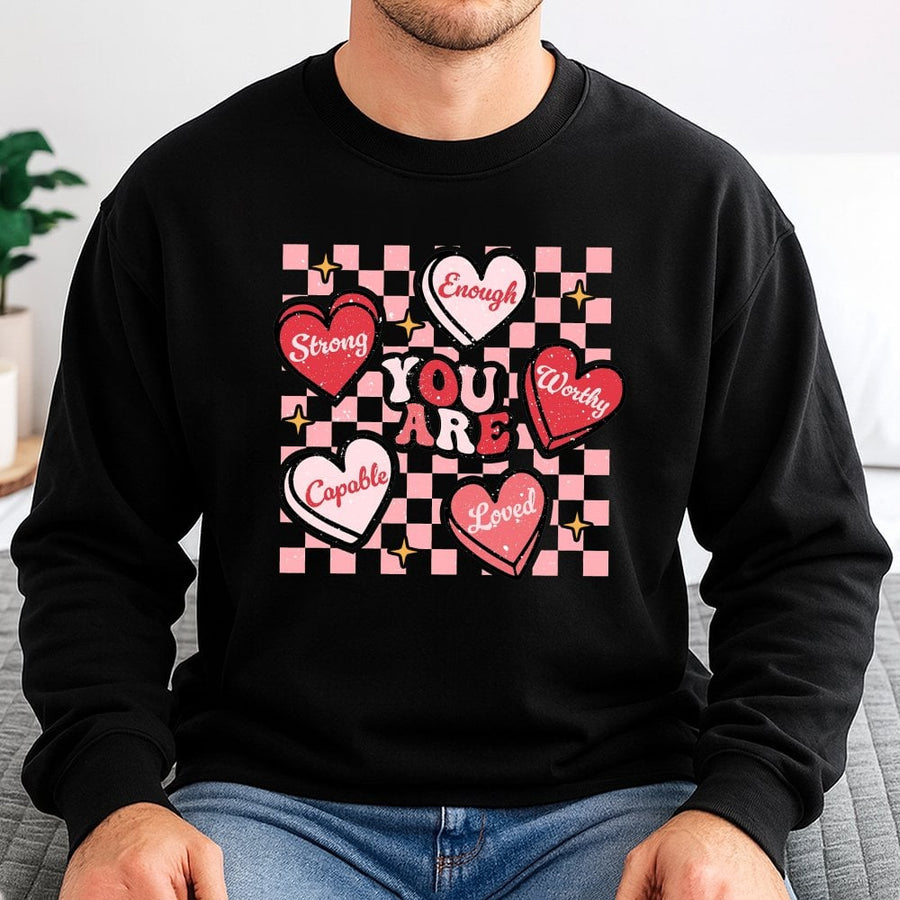 You Are Enough Affirmation Sweatshirt | Retro Checkerboard Heart Graphic | Premium Cotton Blend | Inspirational Valentine's Day Gift for Her