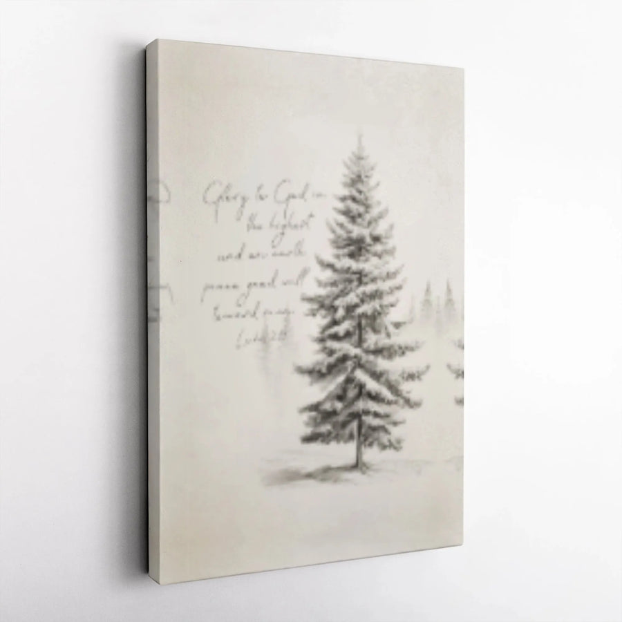 Glory To God Luke 2:14 Canvas | Snowy Pine Tree Religious Art | Premium Gallery Wrap | Christian Christmas Wall Decor Gift
