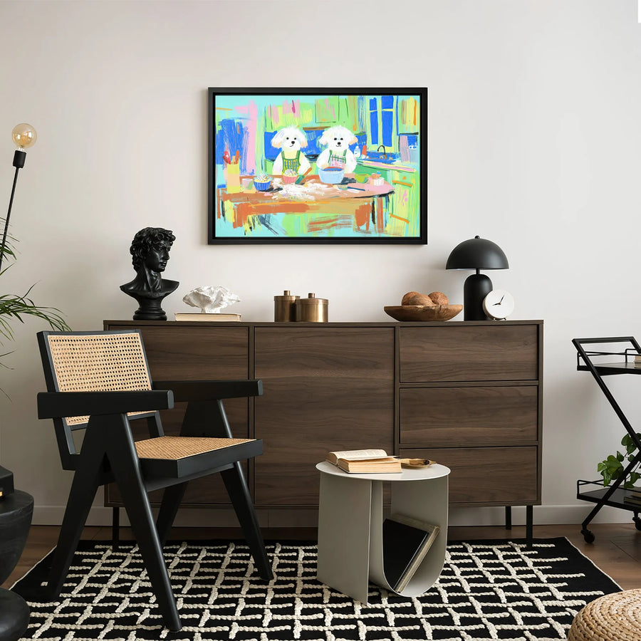 Dog Baking Canvas Wall Art | Colorful Bichon Frise Kitchen Print | Premium Gallery Wrapped Decor | Cute Whimsical Pet Lover Gift