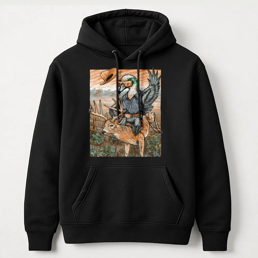 Duck Riding Deer Hoodie | Funny Cowboy Duck Graphic Sweatshirt | Premium Cotton Blend Wildlife Apparel | Unique Hunting Gift for Duck Hunters