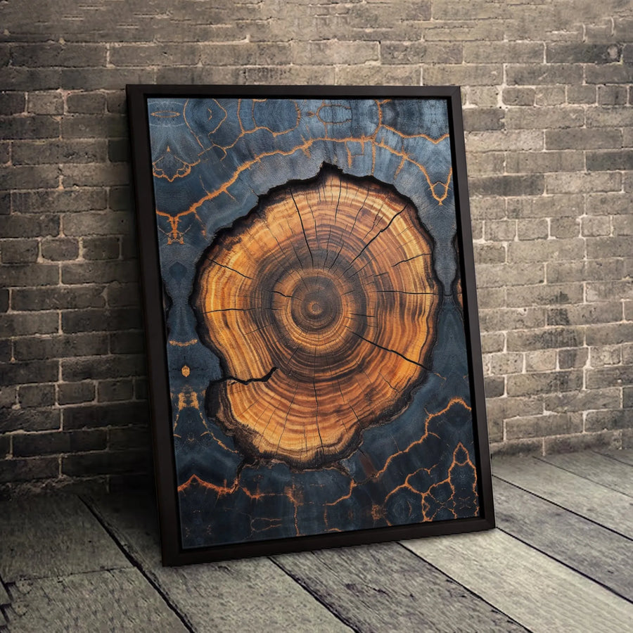 Abstract Tree Ring Wall Art | Charred Wood With Golden Cracks | Premium Fade-Resistant Canvas | Modern Home & Office Decor Gift
