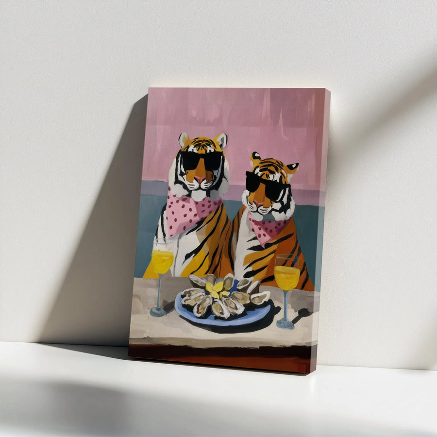 Cool Tigers Canvas Wall Art | Whimsical Animal Painting of Tigers Eating Oysters | Premium Gallery Wrap Print | Unique Bar and Kitchen Decor Gift