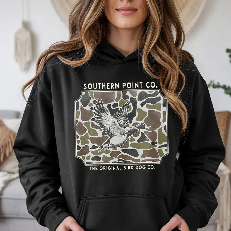 Duck Hunting Hoodie | Camo Flying Mallard Graphic | Premium Cotton Blend | Gift for Hunters and Outdoorsmen