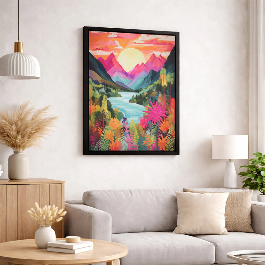 Vibrant Mountain Sunset Wall Art | Tropical River Landscape Canvas Print | Premium Gallery Wrap Decor | Colorful Nature Statement Piece