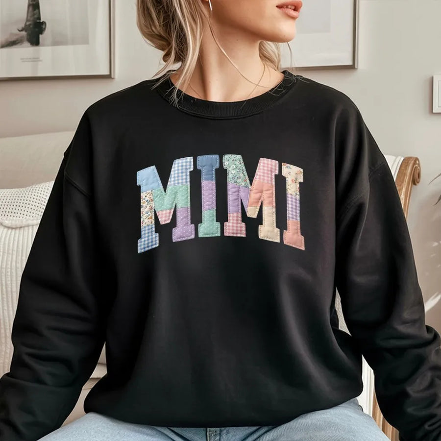 Mimi Sweatshirt | Printed Patchwork Varsity Letters | Cozy Unisex Crewneck | Grandma Core Gift for New Grandmother