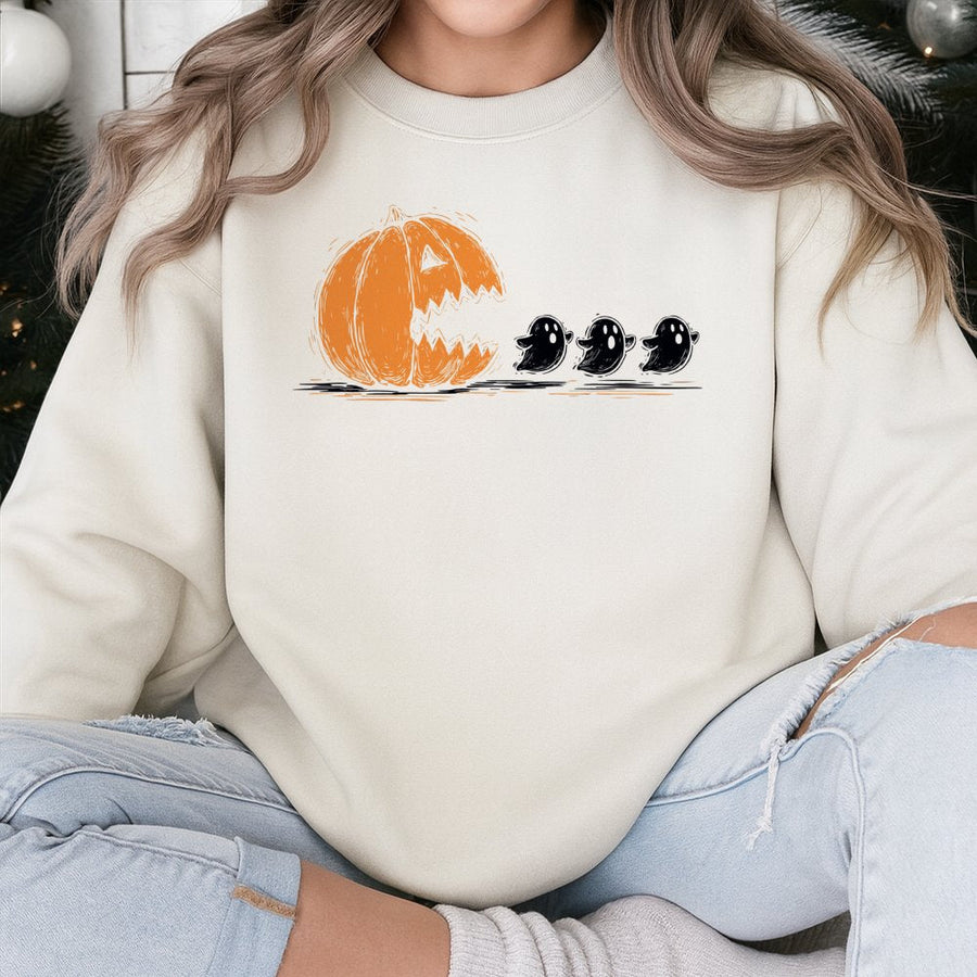 Halloween Pumpkin Ghost Sweatshirt | Retro Gaming Parody Graphic | Soft Cotton Blend Unisex Pullover | Funny Spooky Season Gift for Gamers