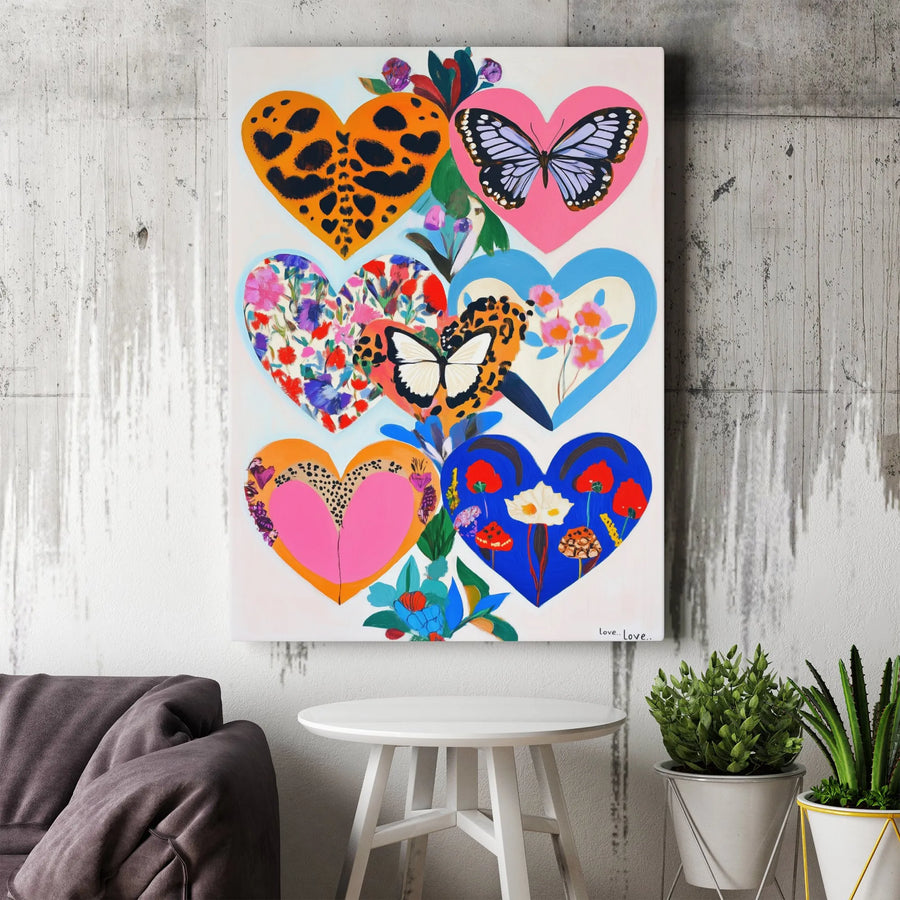 Colorful Heart Canvas Wall Art | Butterfly and Leopard Print Floral Design | Premium Gallery Wrap Decor | Romantic Home Office Gift for Her