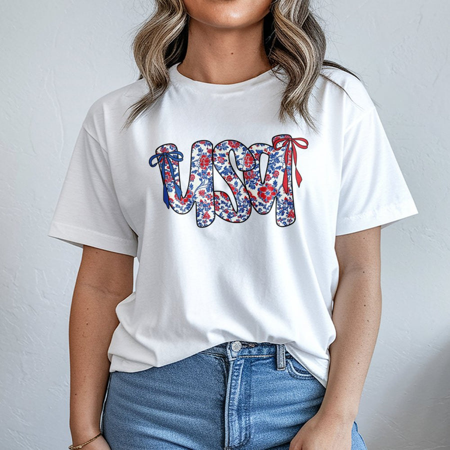 USA Floral Coquette Bow T-Shirt | Retro Red White and Blue Graphic | Premium Cotton Patriotic Tee | 4th of July Gift for Women