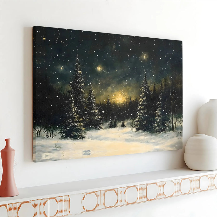 Winter Forest Canvas Wall Art | Snowy Night Landscape with Glowing Stars | 1.25-Inch Premium Gallery Wrap | Festive Holiday Home Decor