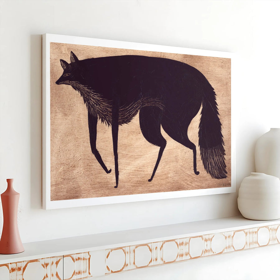 Black Fox Canvas Wall Art | Woodcut Style Woodland Animal Illustration | Premium Gallery Wrapped Print | Modern Minimalist Home Decor Gift