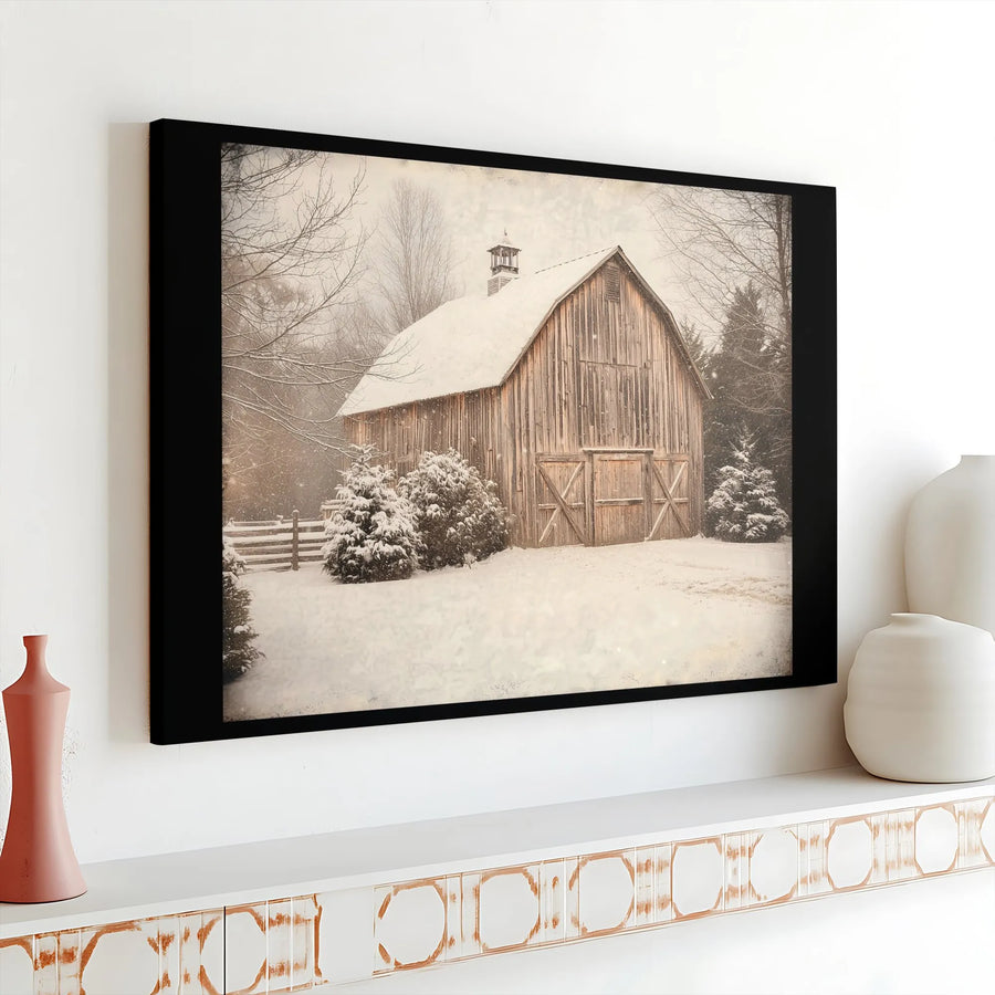 Rustic Winter Barn Wall Art | Snowy Farmhouse Landscape Canvas Print | Premium Gallery Wrap Decor | Farmhouse Holiday Home Gift