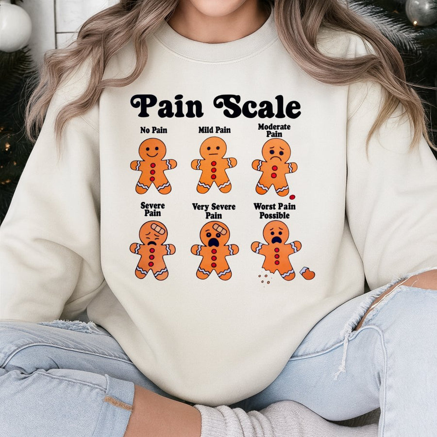 Gingerbread Pain Scale Sweatshirt | Funny Christmas Nurse Graphic | Premium Cotton Blend Crewneck | Gift for Nurses and Medical Staff