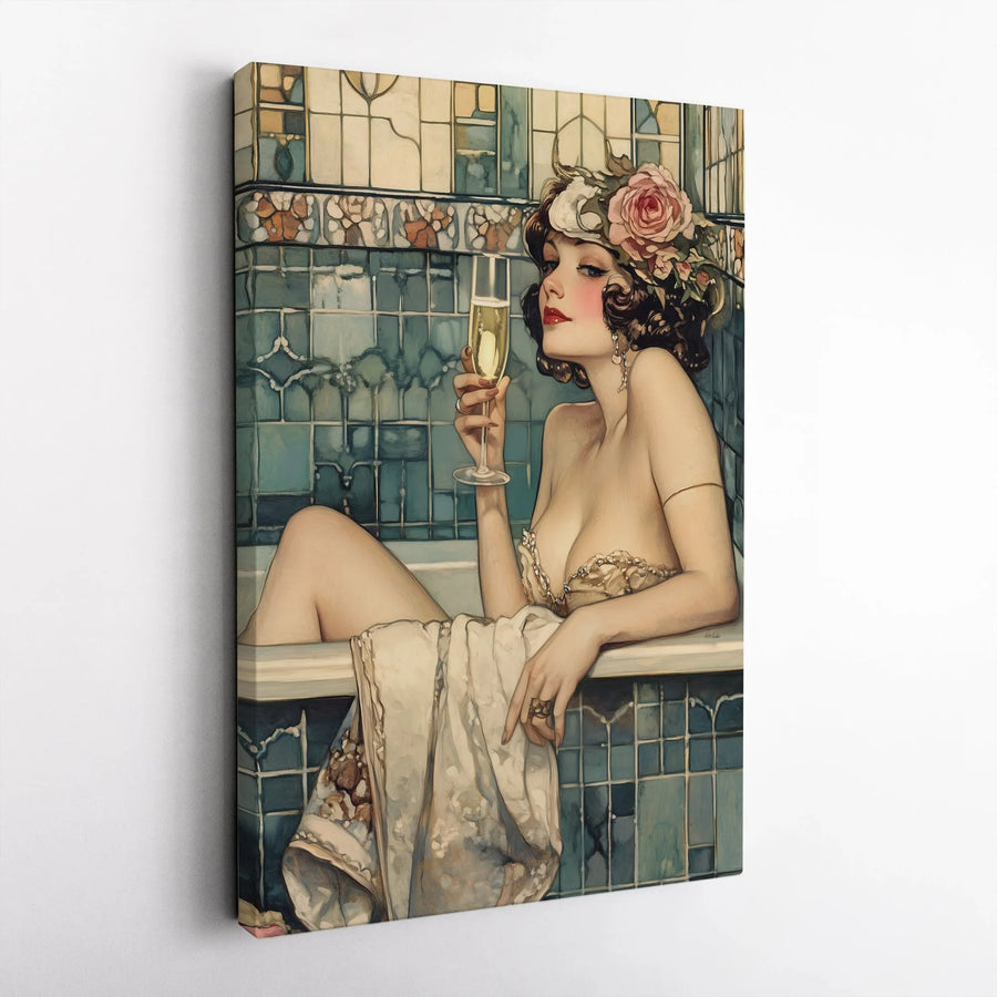 Art Deco Woman Bathing Canvas Print | Champagne Soaking Elegant Lady | Gallery-Quality 1.25-Inch Profile | Vintage Aesthetic Wall Decor Gift