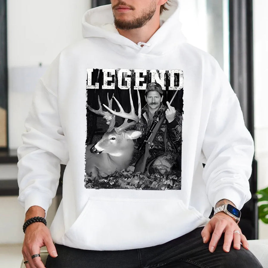 Legend Hunting Hoodie | Funny Hunter Middle Finger Deer Design | Premium Unisex Graphic Sweatshirt | Gift for Outdoorsmen & Deer Hunters
