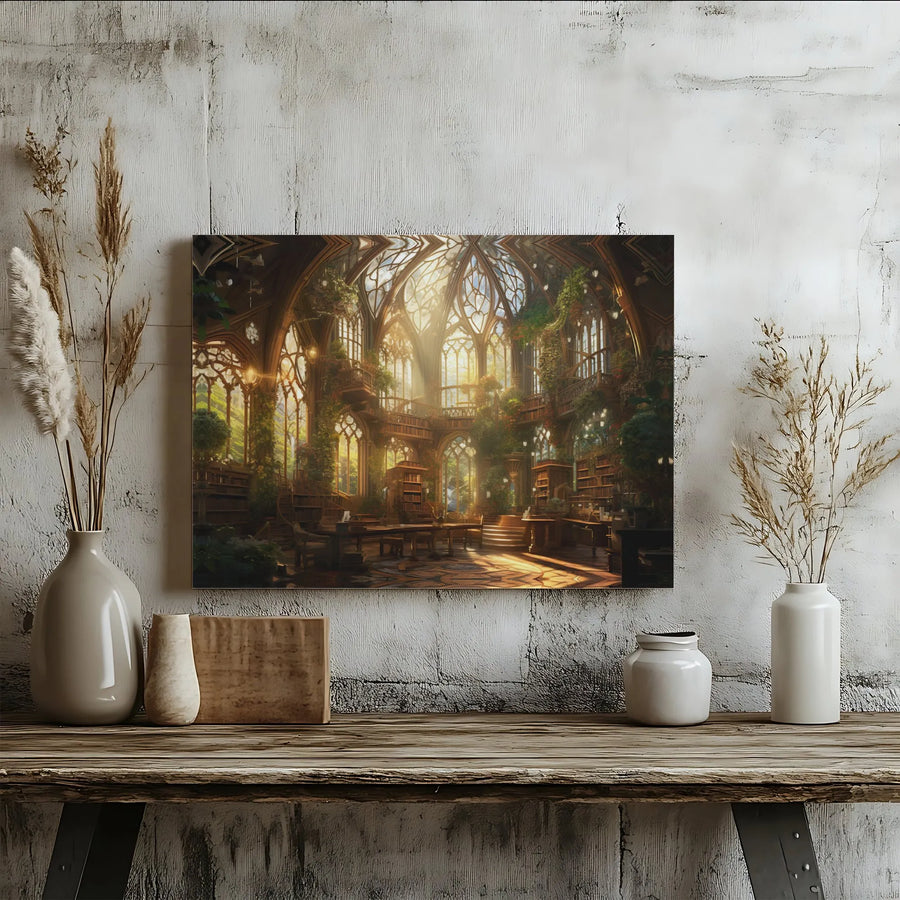 Enchanted Library Canvas Wall Art | Sunlit Magical Athenaeum Illustration | Premium Gallery Wrap Print | Book Lover Fantasy Reader Gift