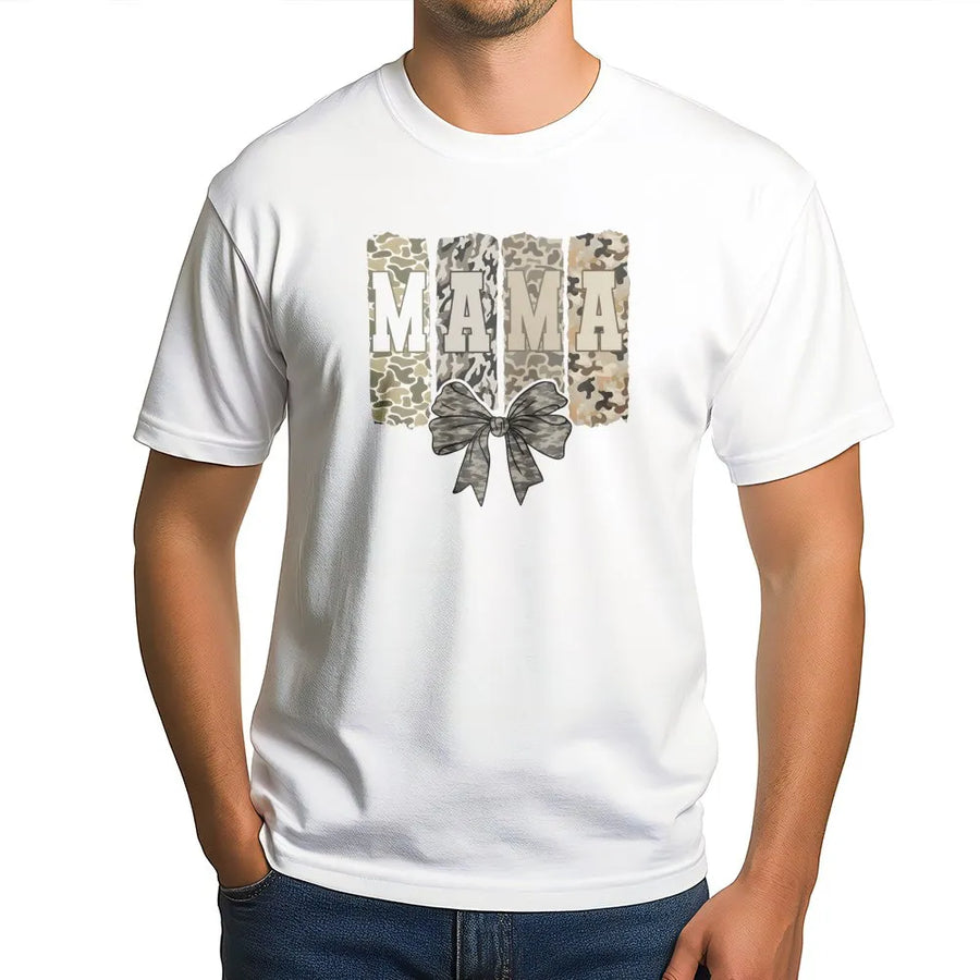 Mama Camo T-Shirt | Distressed Camouflage Bow Graphic Print | Premium Soft Cotton Blend | Trendy Mom Gift For Her Birthday Or Mother's Day 2026