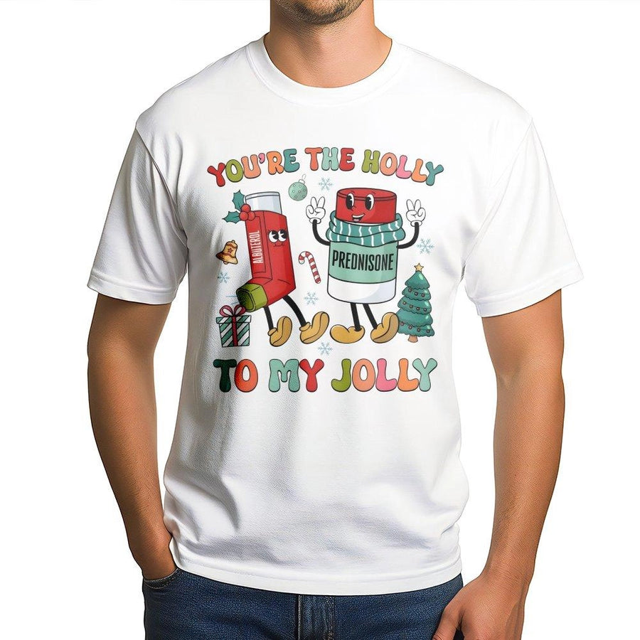 Respiratory Therapist Christmas T-Shirt | Holly Jolly Inhaler Medical Pun | Premium Cotton Retro Graphic Tee | Funny RT Gift for Nurse Doctor