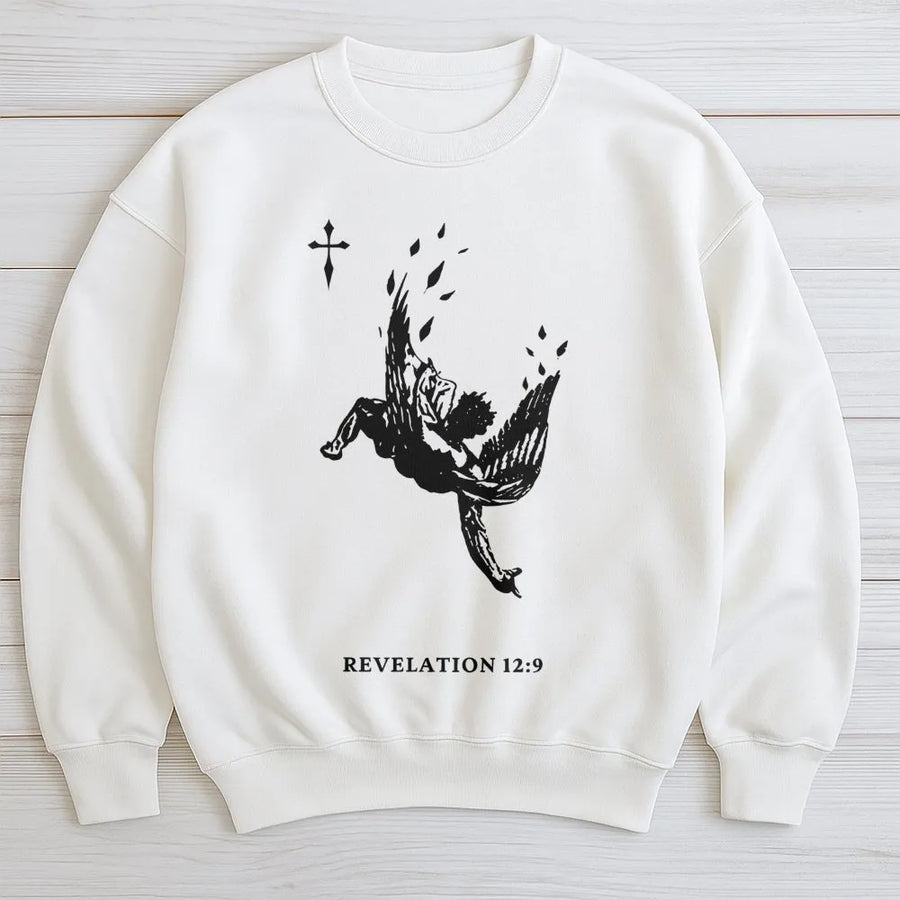 Revelation 12:9 Angel Graphic Sweatshirt | Fallen Angel Religious Print | Premium Cotton Blend Crewneck | Christian Apparel Unisex Gift for Men Women