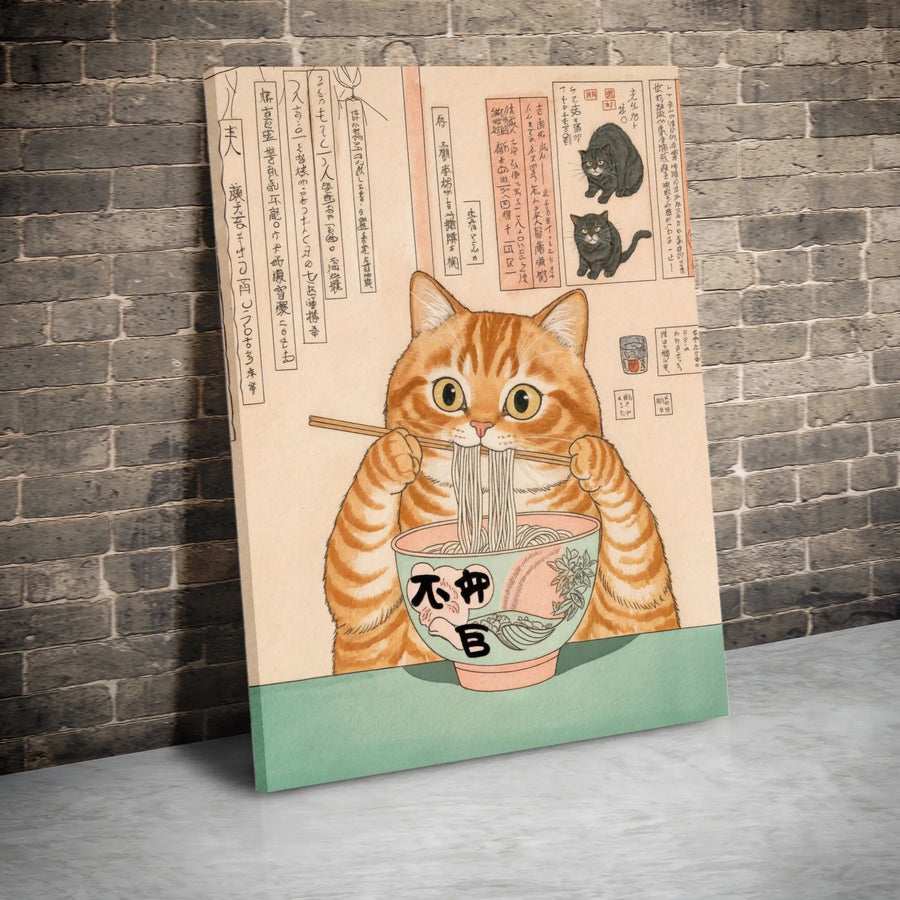 Japanese Ukiyo-E Orange Cat Wall Art | Ramen Noodle Eating Kitty Print | Premium Gallery Wrapped Canvas | Quirky Gift for Cat Lovers