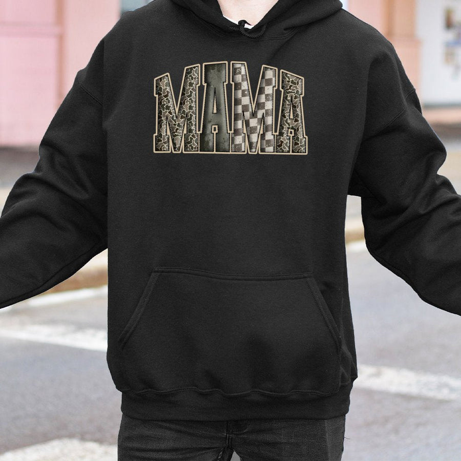 Mama Camo Hoodie | Western Varsity Checkered Print | Premium Cotton-Blend Pullover | Hunting Wife Gift for Her