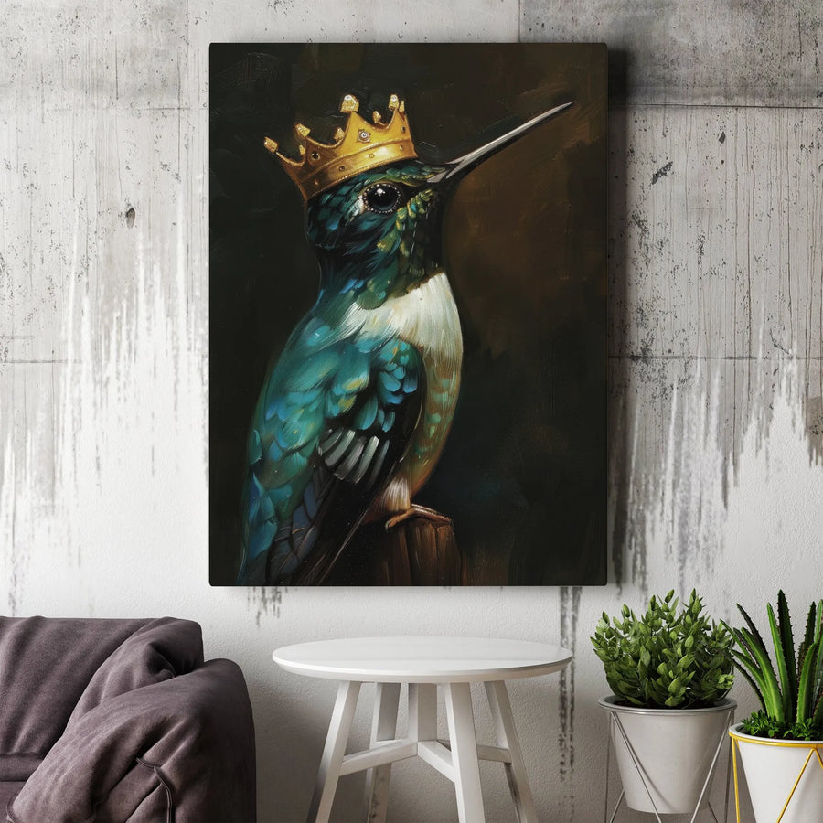 Hummingbird Wall Art | Regal Bird With Gold Crown Oil Painting | Premium Gallery-Wrapped Canvas | Sophisticated Home Decor Gift