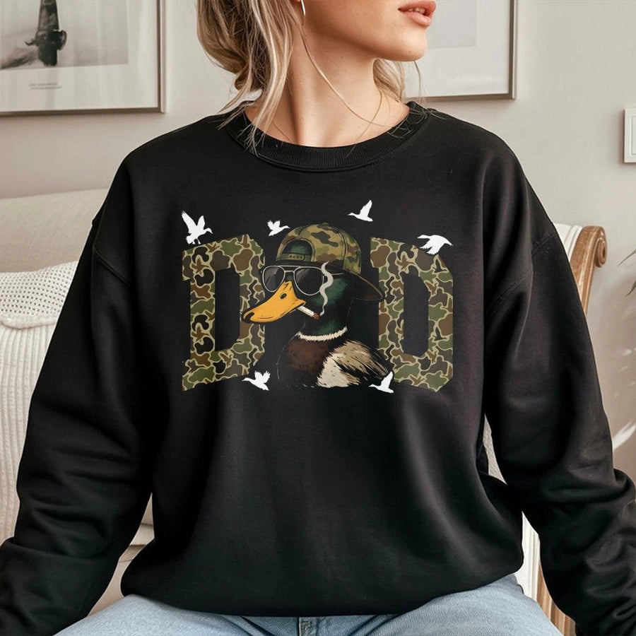 Duck Dad Sweatshirt | Camo Mallard Hunter Design | Premium Cotton Blend | Funny Hunting Gift For Men And Outdoor Enthusiasts