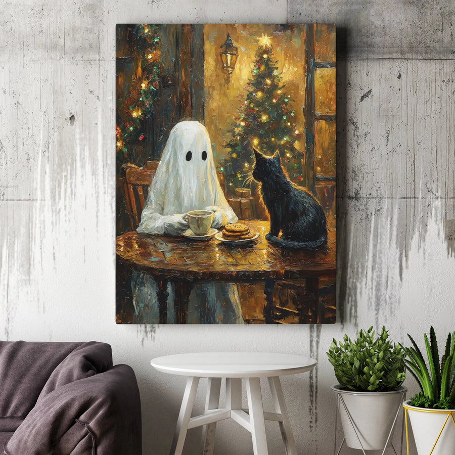 Ghost and Black Cat Christmas Canvas Art | Cozy Holiday Coffee Painting | Gallery-Wrapped Premium Wall Decor | Whimsical Winter Home Gift