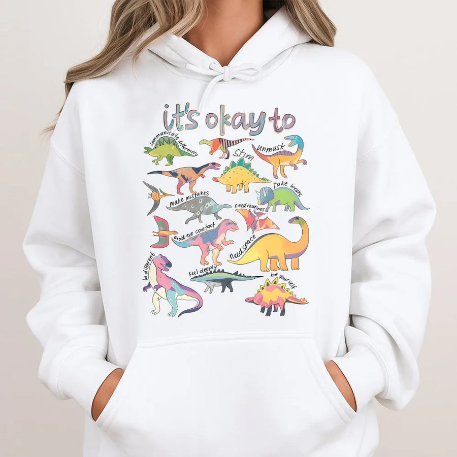 Autism Awareness Dinosaur Hoodie | It's Okay To Be Different Graphic | Soft Cotton-Poly Blend | Gift for Special Ed Teacher & Autism Mom