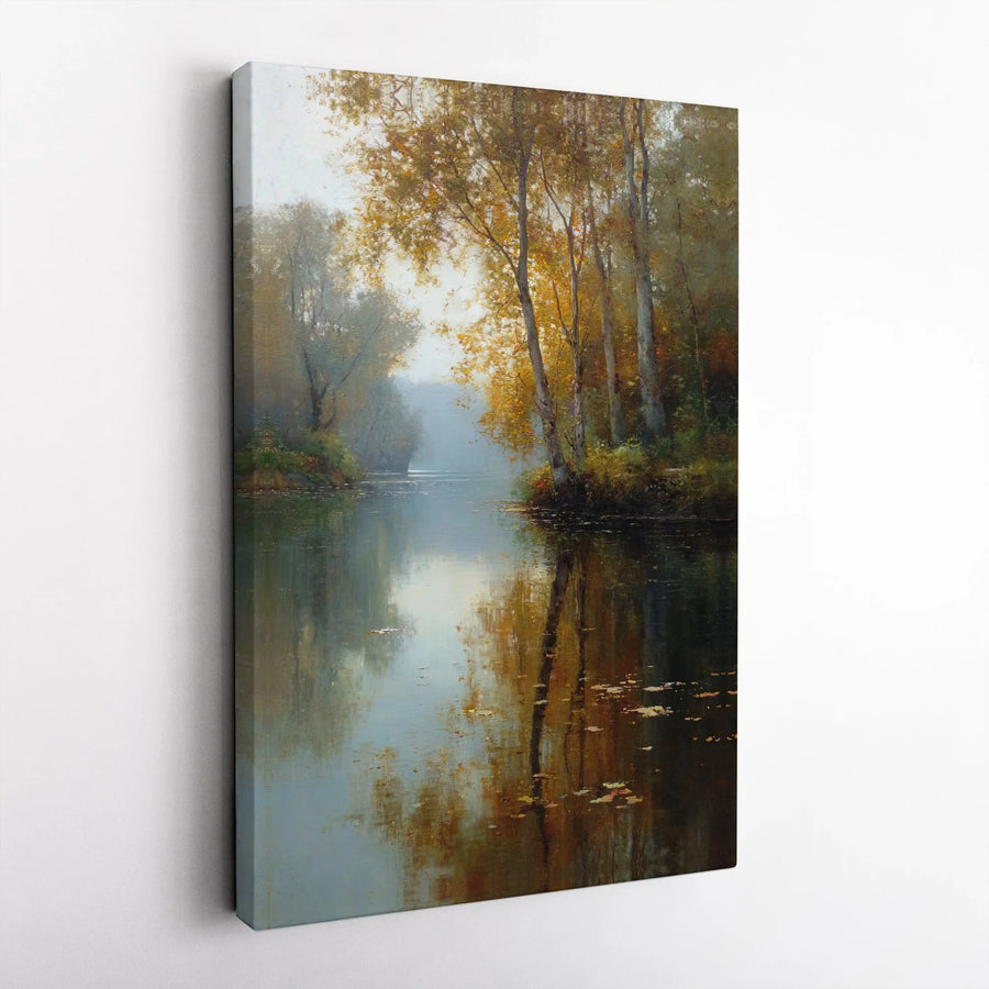 Autumn River Canvas Print | Impressionist Forest Reflection Art | Premium Gallery Wrapped Canvas | Rustic Home Decor Gift