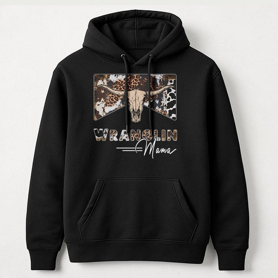 Wranglin Mama Hoodie | Western Cow Skull Leopard Print Design | Premium Cotton Blend | Gift For Country Cowgirl Mom