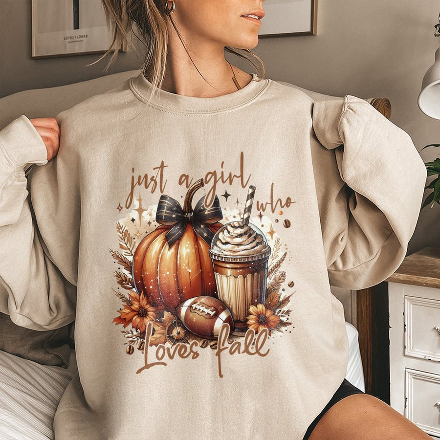 Just A Girl Who Loves Fall Sweatshirt | Pumpkin Spice Football Graphic Tee | Premium Cotton Blend Autumn Sweater | Cute Coquette Bow Aesthetic Gift