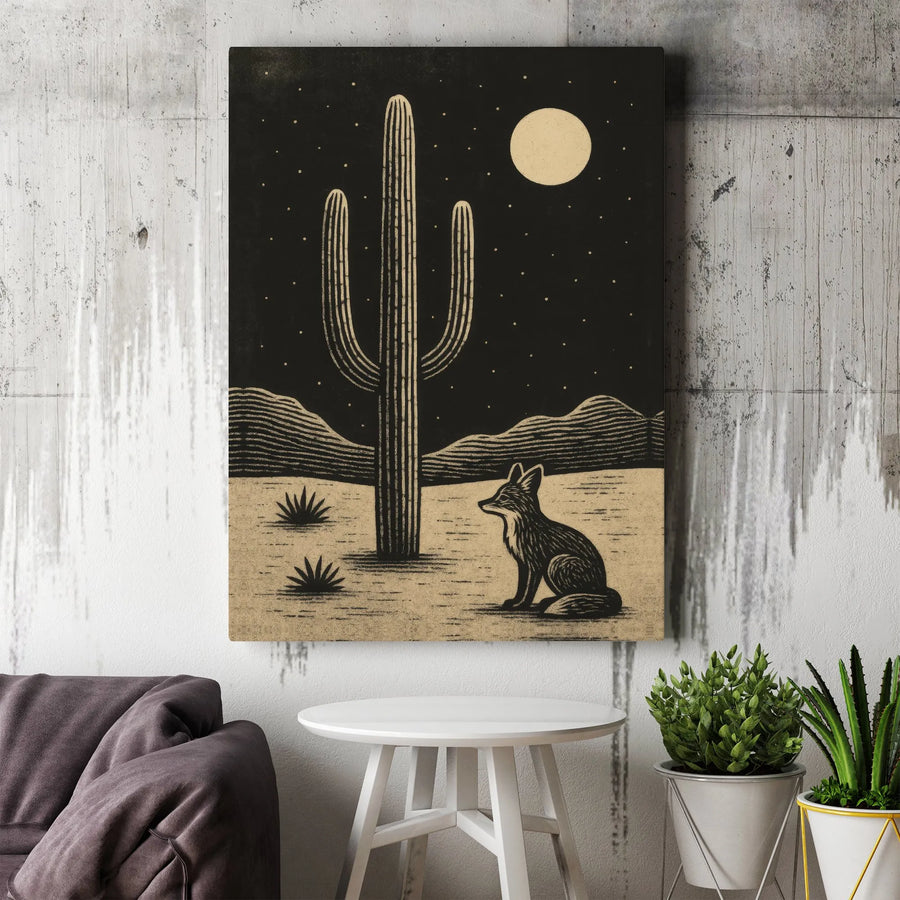 Desert Fox Canvas Wall Art | Night Saguaro Cactus Linocut Style Print | Premium Gallery-Quality Decor | Southwest Boho Gift for Home Office