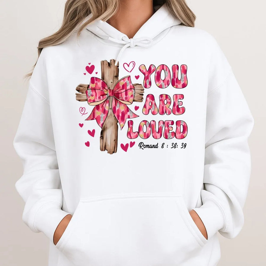You Are Loved Christian Hoodie | Romantic Pink Coquette Cross Design | Premium Cotton-Poly Blend | Religious Valentine Gift For Women