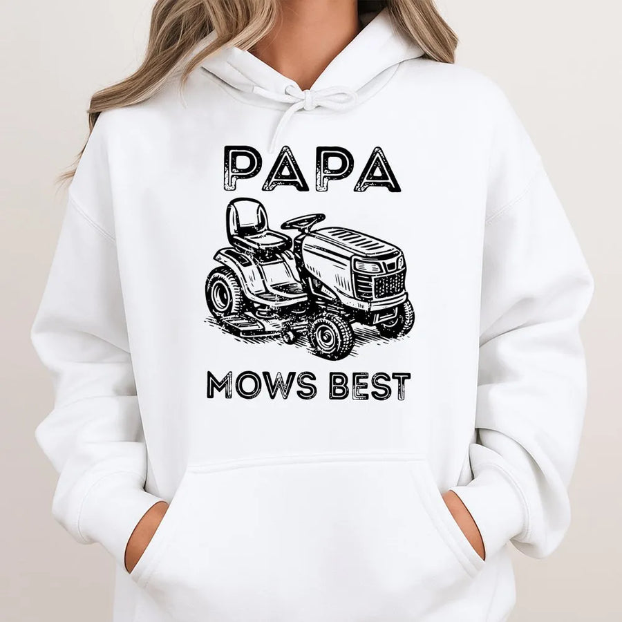Funny Dad Hoodie | Papa Mows Best Vintage Lawn Mower Graphic | Cozy Cotton Blend | Father's Day Gift for Dad & Grandpa