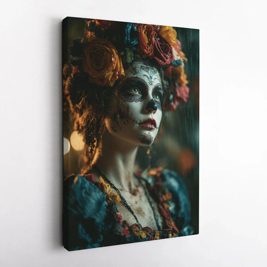 Day of the Dead Canvas Print | Sugar Skull Woman Floral Headdress Wall Art | Premium 1.25" Thick Gallery Wrap | Gothic Home Decor Gift