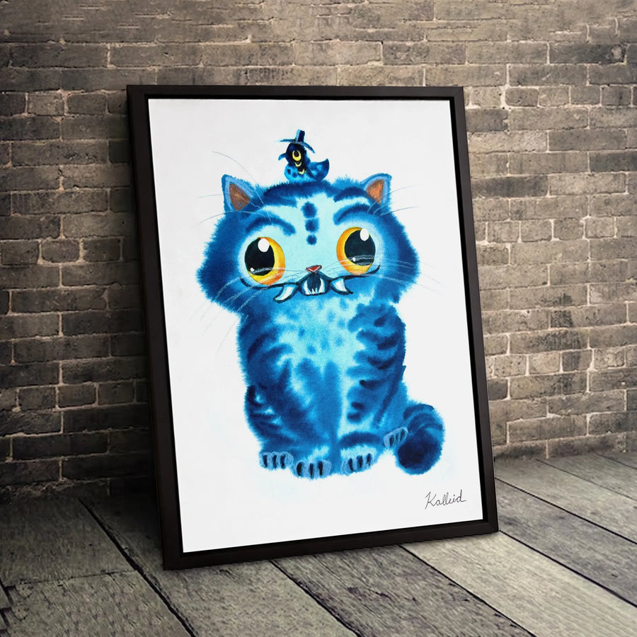 Whimsical Blue Cat Canvas Art | Cute Saber-Toothed Kitten Watercolor Painting | Premium Gallery Wrap Wall Decor | Unique Gift for Animal Lovers
