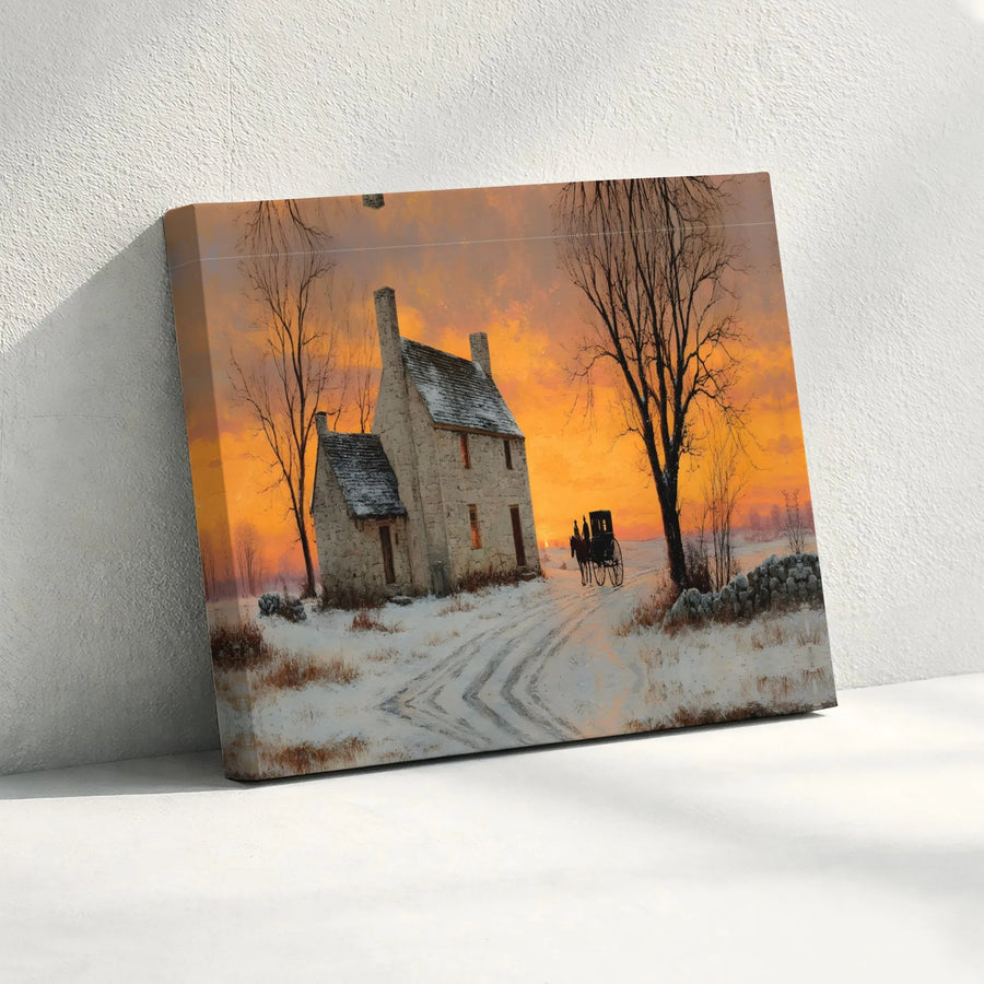Winter Landscape Canvas Wall Art | Stone Cottage Horse Carriage Print | Premium Fade-Resistant Gallery Wrap | Seasonal Holiday Home Decor