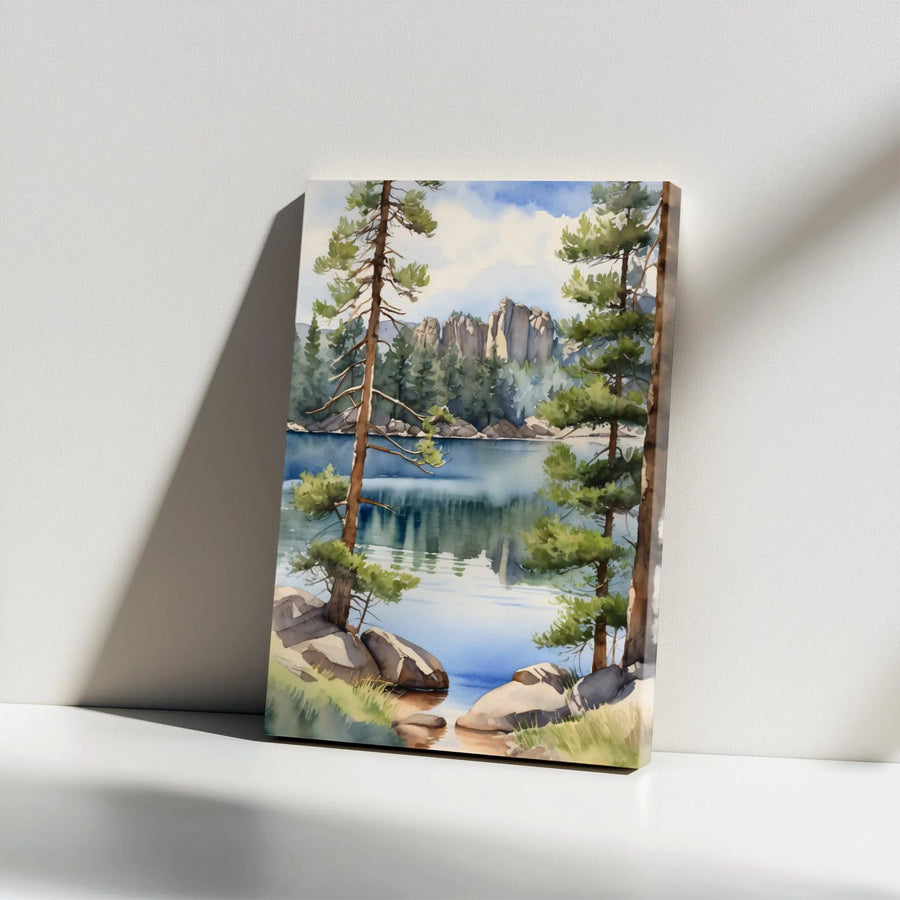 Mountain Lake Canvas Wall Art | Watercolor Pine Forest Landscape | Premium Gallery Wrapped Canvas | Rustic Cabin Decor Gift for Nature Lovers