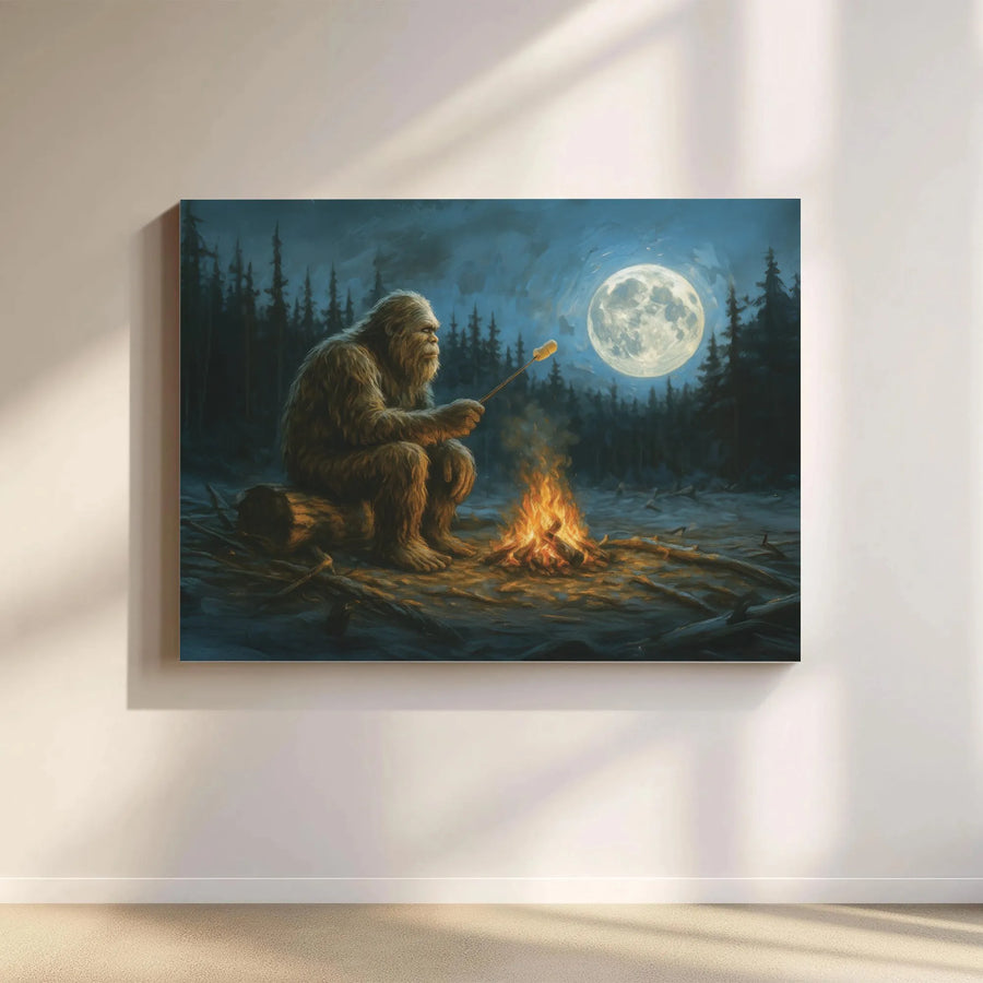 Bigfoot Camping Canvas Wall Art | Sasquatch Roasting Marshmallow Under Full Moon | Premium Gallery Wrapped Print | Nature Lover Cabin Decor Gift