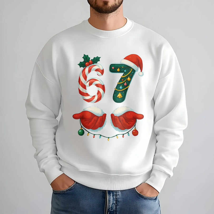 67 Christmas Sweatshirt | Candy Cane and Pine Graphic | Premium Cotton Blend | Funny Holiday Gift for Gen Alpha and Internet Meme Fans