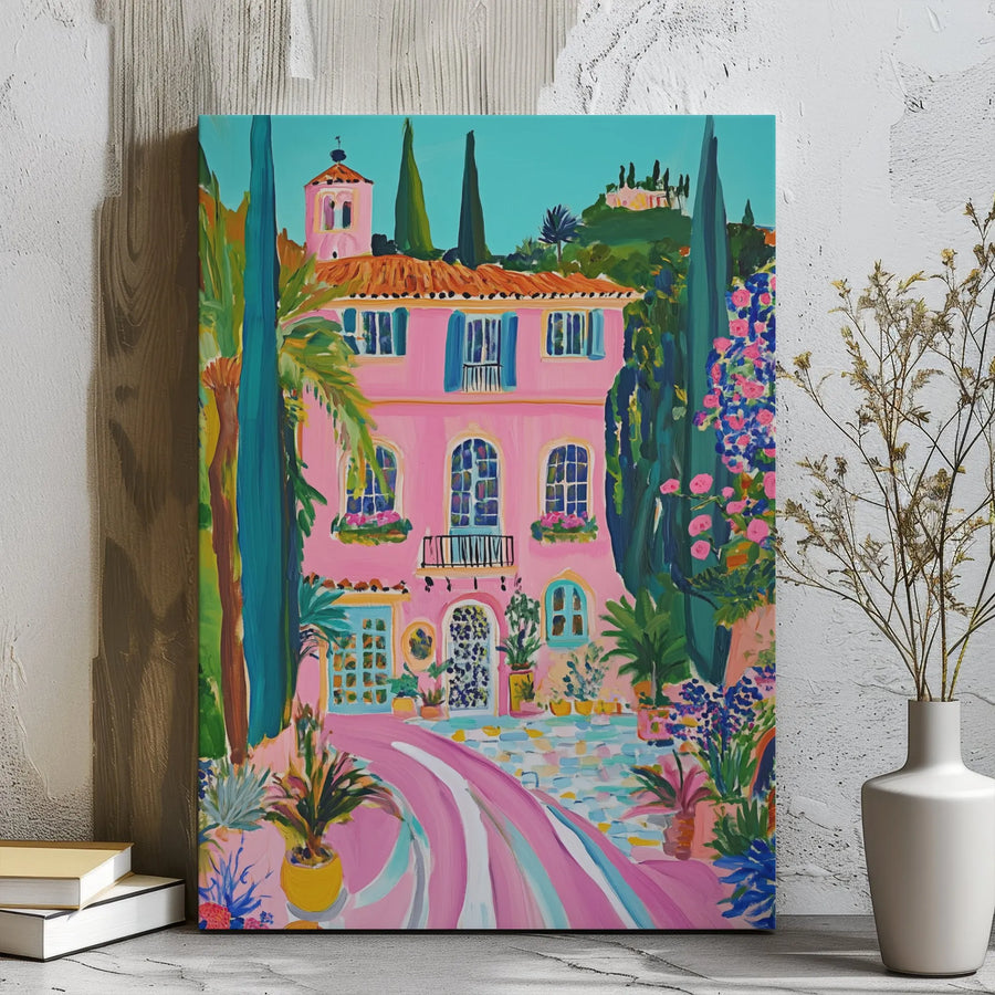 Pink Italian Villa Canvas Print | Mediterranean Garden Wall Art | 1.25 Inch Gallery Wrap | Elegant Coastal Home Decor Gift