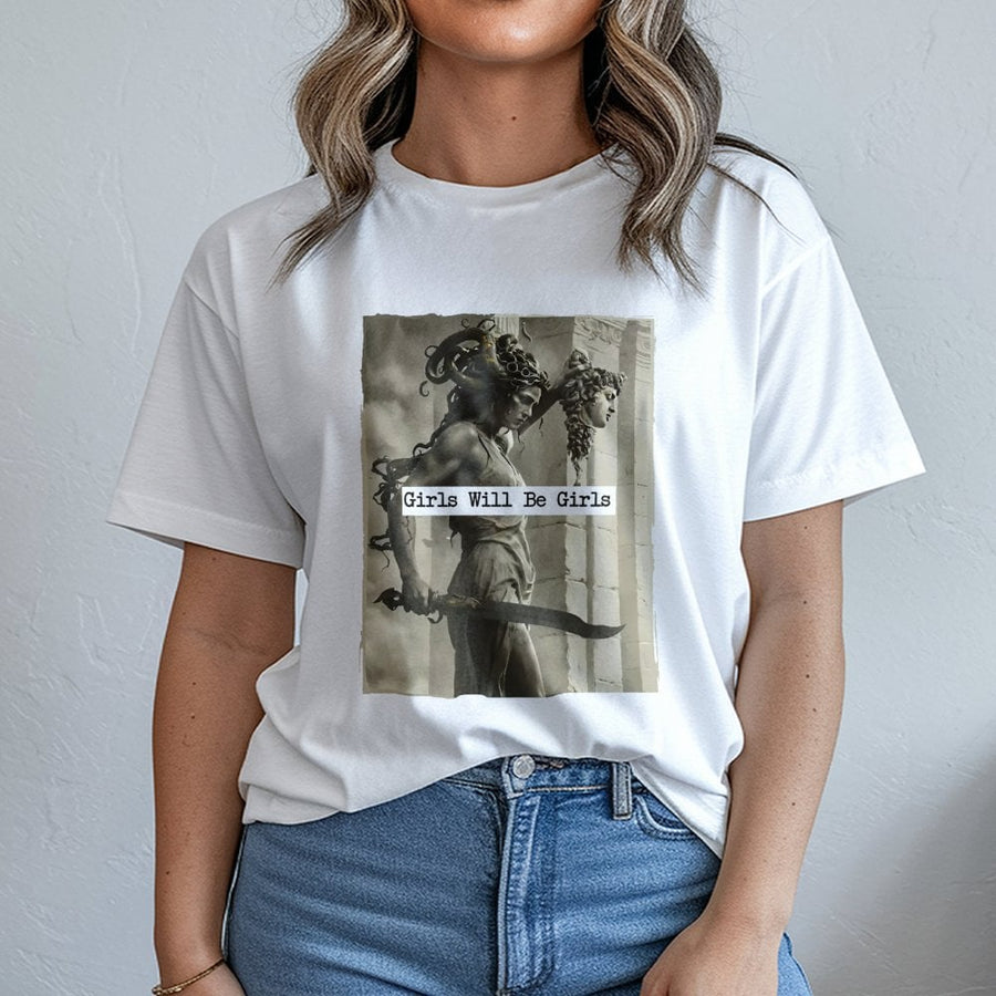 Medusa Graphic T-Shirt | Girls Will Be Girls Feminist Art | 100% Cotton Premium Tee | Greek Mythology Mythology Gift for Women